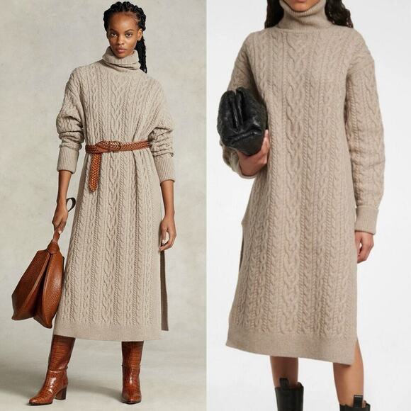 Polo Ralph Lauren Turtleneck Midi Dress Wool Yak Cableknit Sweater XXL Tan $598 - Picture 1 of 16